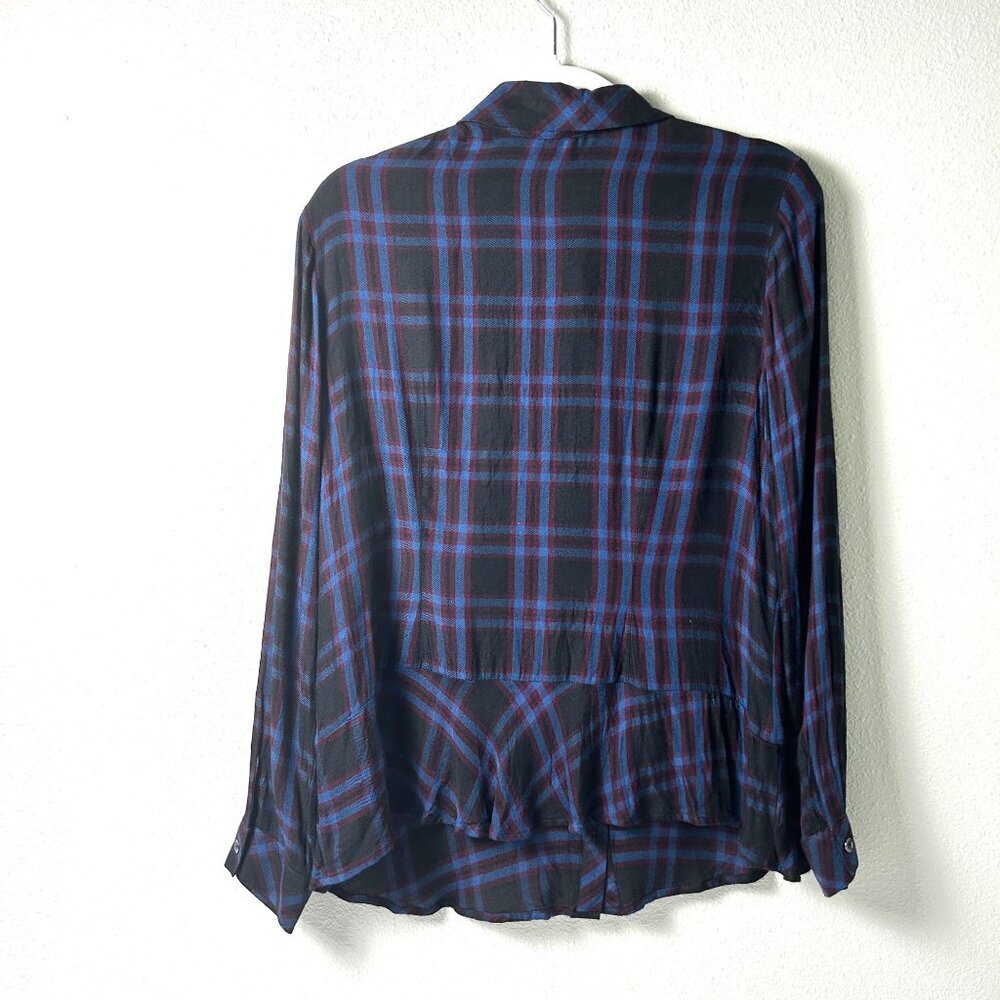 Cabi 3431 Button Up Peplum Top Womens Size L Blue Black Moody Plaid Long Sleeve - Picture 3 of 13
